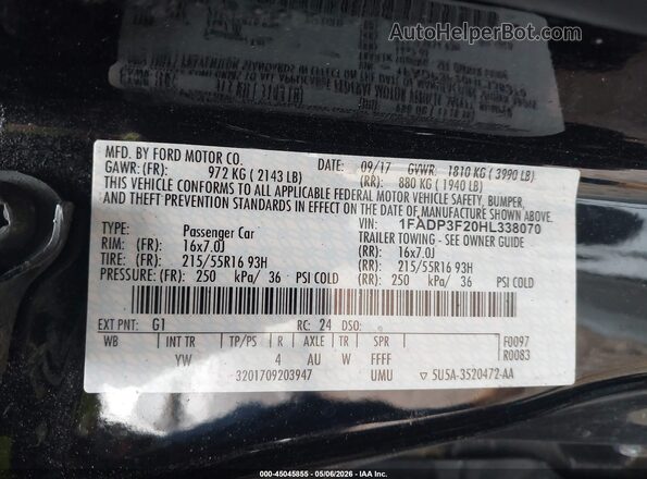 1FADP3F20HL338070 2017 FORD FOCUS Black 
