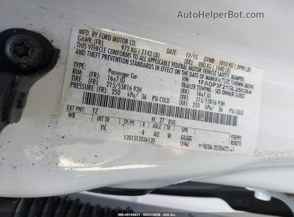 1FADP3F21GL250384 2016 FORD FOCUS White 