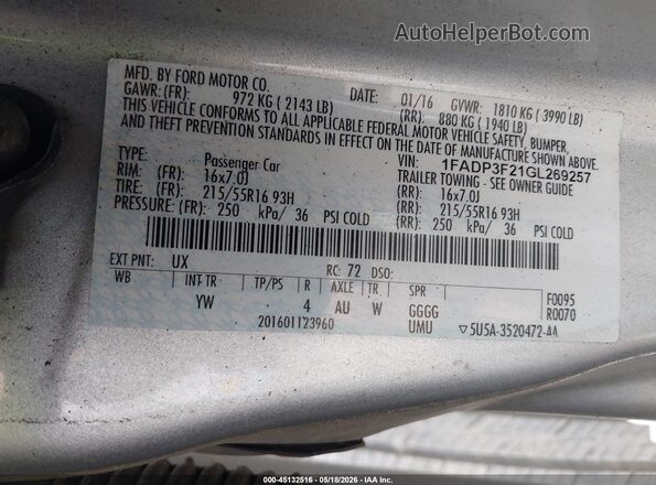 1FADP3F21GL269257 2016 FORD FOCUS Silver Engine compartment view