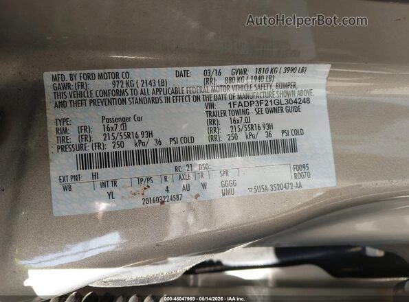 1FADP3F21GL304248 2016 FORD FOCUS Champagne Вид підкапотного простору