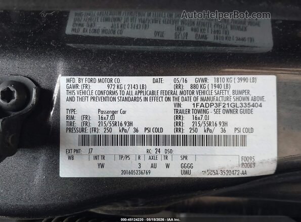 1FADP3F21GL335404 2016 FORD FOCUS Gray Vista del compartimento del motor