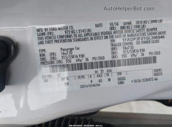 1FADP3F21GL396946 2016 FORD FOCUS White Շարժիչի բաժամունքի տեսք