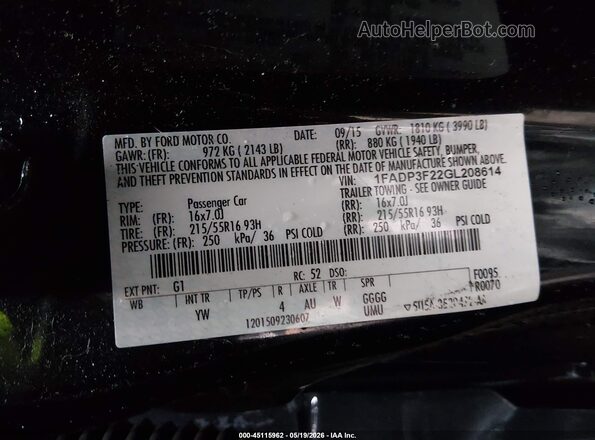 1FADP3F22GL208614 2016 FORD FOCUS Black Engine compartment view