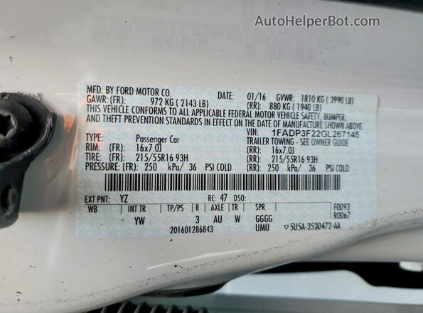 1FADP3F22GL267145 2016 FORD FOCUS White Engine compartment view
