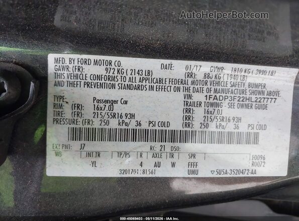 1FADP3F22HL227777 2017 FORD FOCUS Gray Вид підкапотного простору