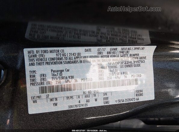 1FADP3F22HL315793 2017 FORD FOCUS Gray Widok komory silnika