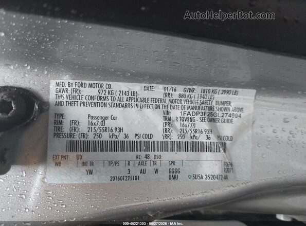 1FADP3F25GL274994 2016 FORD FOCUS Silver Вид підкапотного простору