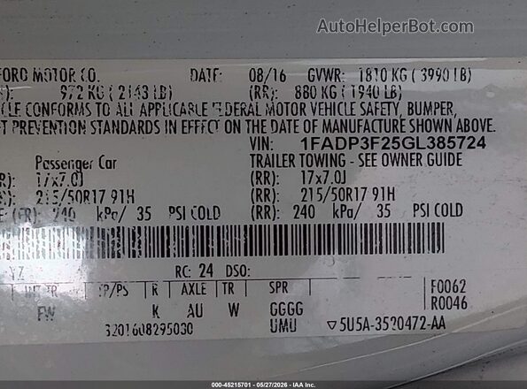 1FADP3F25GL385724 2016 FORD FOCUS White ძრავის განყოფილების ხედი
