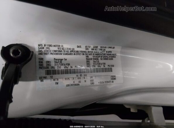 1FADP3F25HL315402 2017 FORD FOCUS White Widok komory silnika