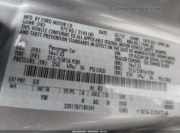 1FADP3F25HL315951 2017 FORD FOCUS Silver ძრავის განყოფილების ხედი
