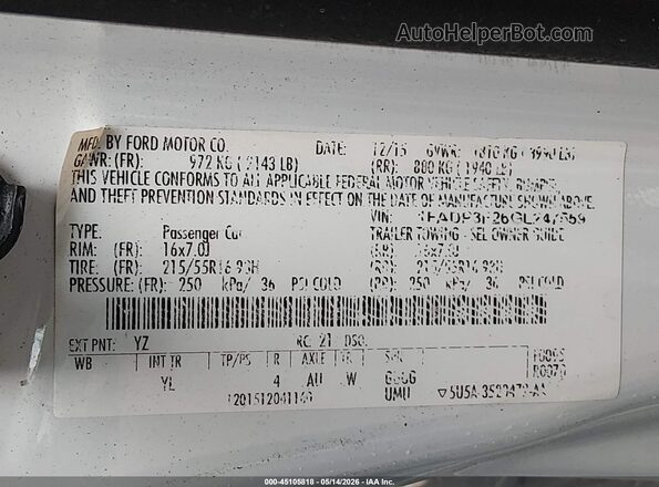 1FADP3F26GL247559 2016 FORD FOCUS White 