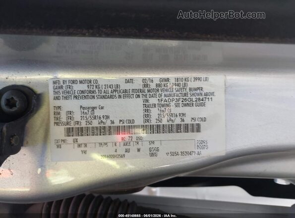 1FADP3F26GL284711 2016 FORD FOCUS Серебряный Вид подкапотного пространства