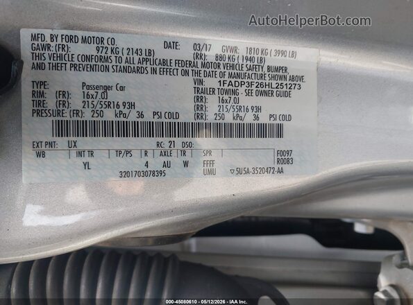 1FADP3F26HL251273 2017 FORD FOCUS Silver ძრავის განყოფილების ხედი