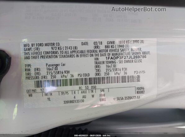 1FADP3F27JL269786 2018 FORD FOCUS White ძრავის განყოფილების ხედი