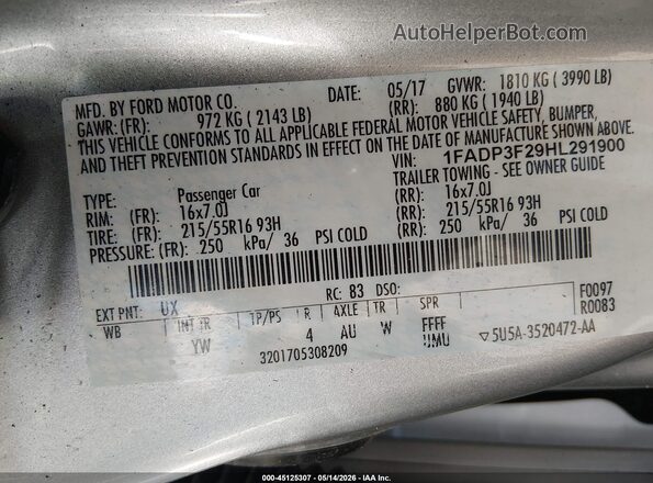 1FADP3F29HL291900 2017 FORD FOCUS Silver 