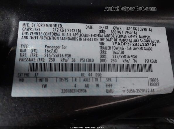 1FADP3F29JL292101 2018 FORD FOCUS Gray 