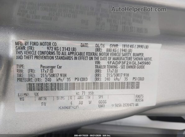 1FADP3F2XGL345980 2016 FORD FOCUS Silver Engine compartment view