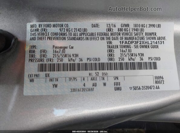 1FADP3F2XHL214131 2017 FORD FOCUS Silver 