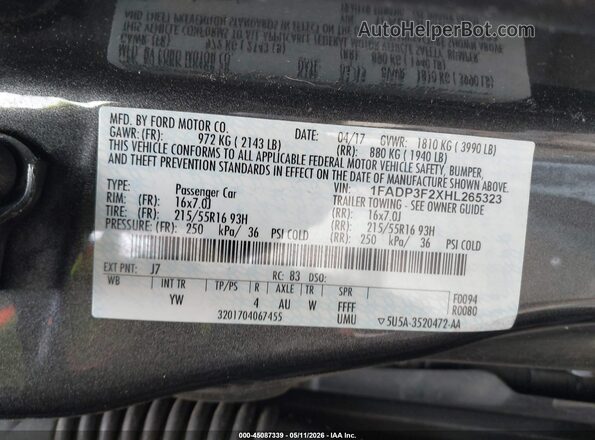 1FADP3F2XHL265323 2017 FORD FOCUS Серый Вид подкапотного пространства