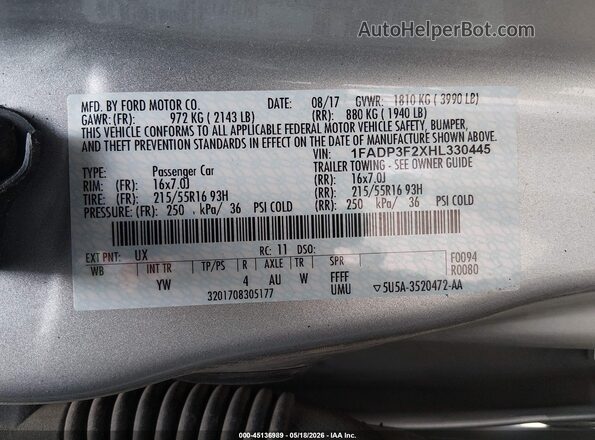 1FADP3F2XHL330445 2017 FORD FOCUS Silver Շարժիչի բաժամունքի տեսք