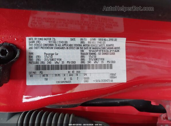 1FADP3FE6GL211428 2016 FORD FOCUS Red Вид підкапотного простору