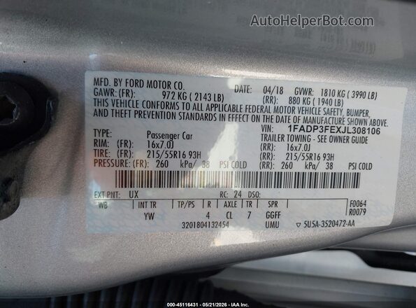 1FADP3FEXJL308106 2018 FORD FOCUS Silver 