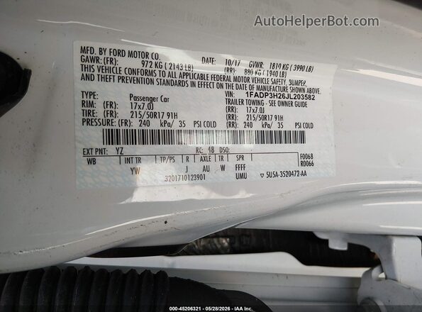 1FADP3H26JL203582 2018 FORD FOCUS White ძრავის განყოფილების ხედი