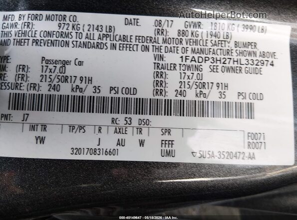 1FADP3H27HL332974 2017 FORD FOCUS Gray Շարժիչի բաժամունքի տեսք