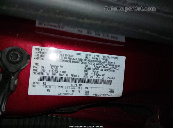 1FADP3J29HL325602 2017 FORD FOCUS Burgundy Вид підкапотного простору