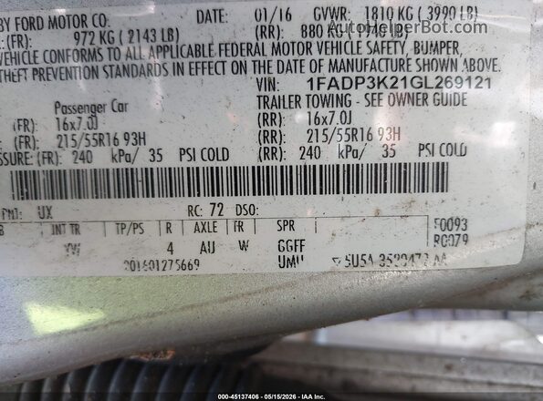 1FADP3K21GL269121 2016 FORD FOCUS Silver 