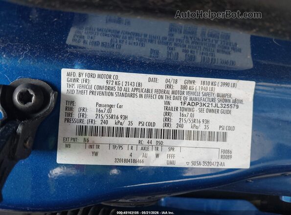 1FADP3K21JL325579 2018 FORD FOCUS Blue 