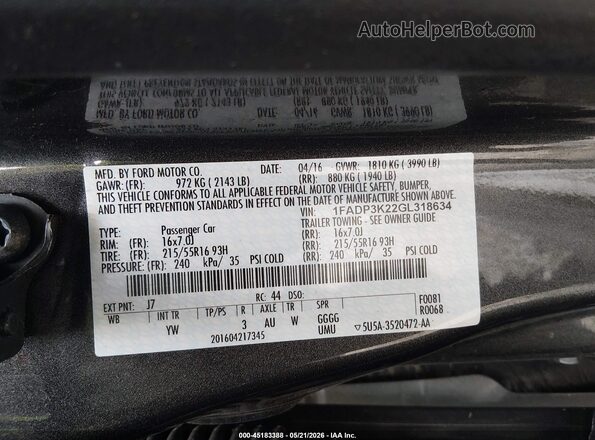 1FADP3K22GL318634 2016 FORD FOCUS Gray Շարժիչի բաժամունքի տեսք