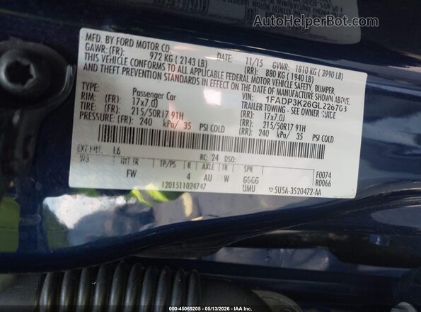 1FADP3K26GL226703 2016 FORD FOCUS Blue Շարժիչի բաժամունքի տեսք