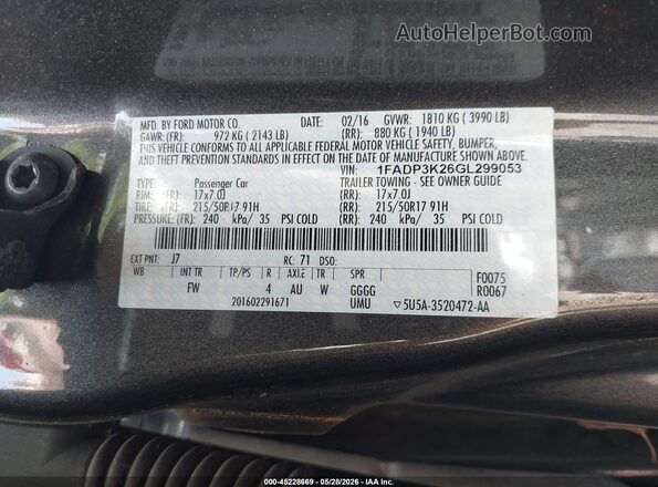 1FADP3K26GL299053 2016 FORD FOCUS Серый Вид подкапотного пространства