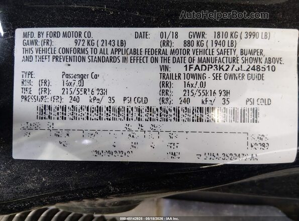 1FADP3K27JL248510 2018 FORD FOCUS Black Engine compartment view