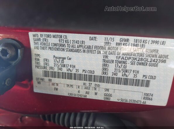 1FADP3K28GL242398 2016 FORD FOCUS Red Շարժիչի բաժամունքի տեսք
