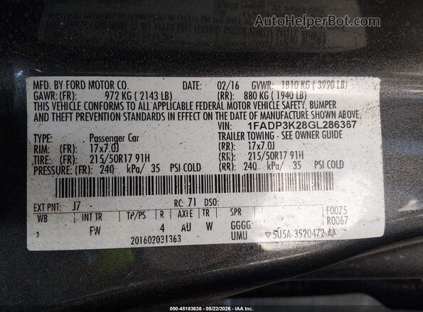 1FADP3K28GL286367 2016 FORD FOCUS Silver Вид підкапотного простору