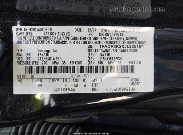 1FADP3K2XJL235167 2018 FORD FOCUS Black 