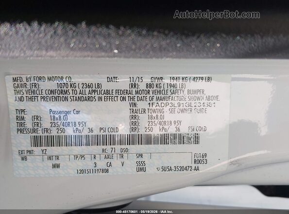 1FADP3L91GL234381 2016 FORD FOCUS ST White Вид підкапотного простору