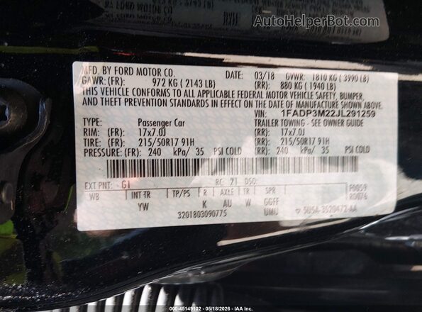 1FADP3M22JL291259 2018 FORD FOCUS Black 