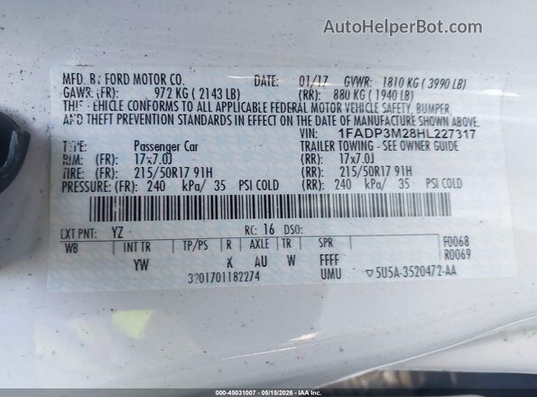 1FADP3M28HL227317 2017 FORD FOCUS White Вид підкапотного простору