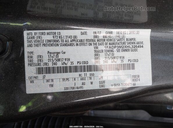 1FADP3M2XHL326494 2017 FORD FOCUS Gray Vista del compartimento del motor