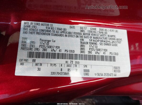 1FADP3R42HL263787 2017 FORD FOCUS ELECTRIC Красный Вид подкапотного пространства