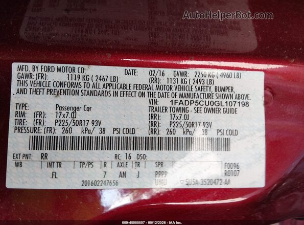 1FADP5CU0GL107198 2016 FORD C-MAX ENERGI Red Widok komory silnika