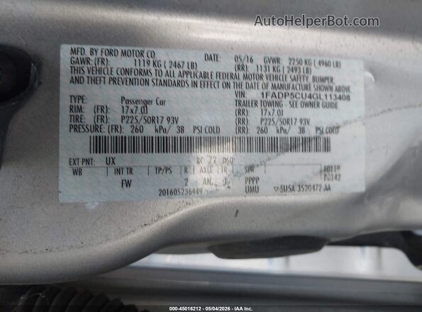 1FADP5CU4GL113408 2016 FORD C-MAX ENERGI Silver Շարժիչի բաժամունքի տեսք