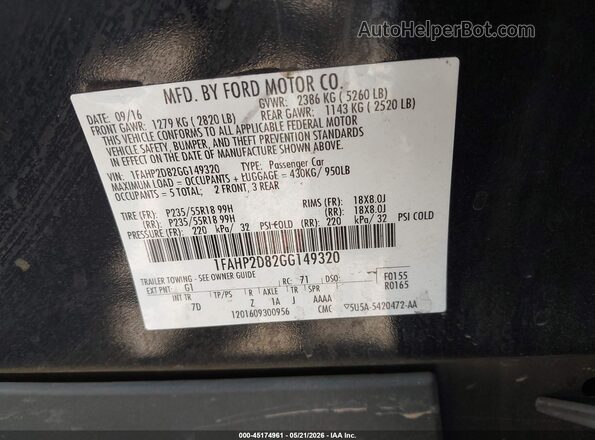 1FAHP2D82GG149320 2016 FORD TAURUS Черный 