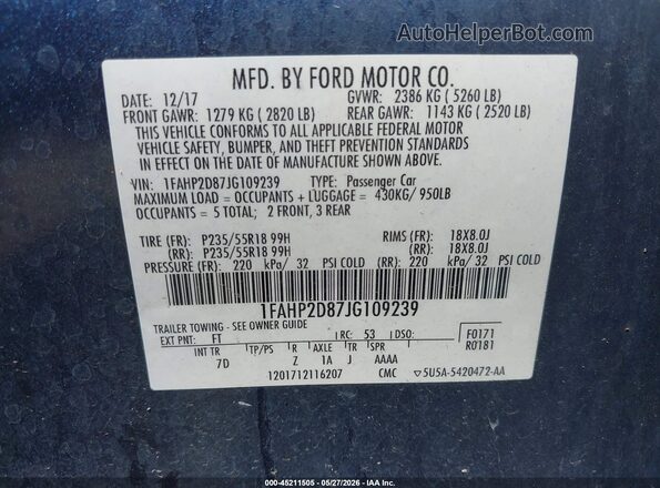 1FAHP2D87JG109239 2018 FORD TAURUS Blue Vista del compartimento del motor