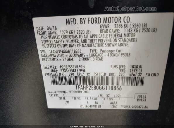 1FAHP2E80GG118856 2016 FORD TAURUS Black 