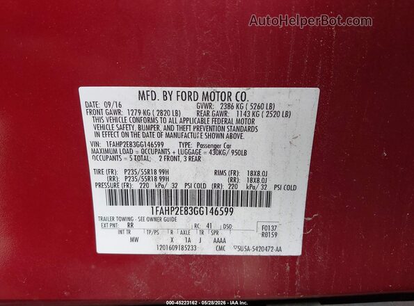 1FAHP2E83GG146599 2016 FORD TAURUS Red ძრავის განყოფილების ხედი