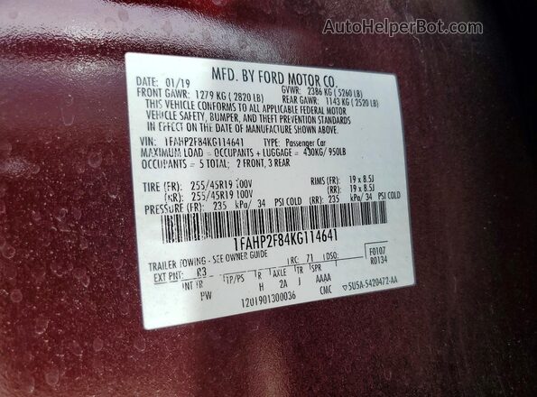 1FAHP2F84KG114641 2019 FORD TAURUS Burgundy 